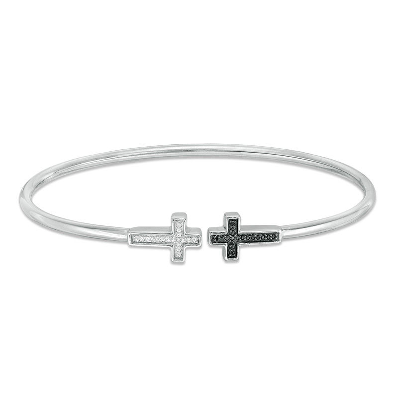 Main Image 1 of 1/10 CT. T.W. Enhanced Black and White Diamond Sideways Cross Open Flex Bangle in Sterling Silver