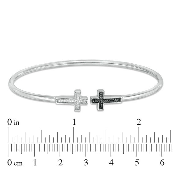 1/10 CT. T.w. Enhanced Black and White Diamond Sideways Cross Open Flex Bangle in Sterling Silver