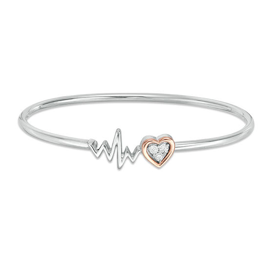 Diamond Accent Heart and Heartbeat Convertible Flex Bangle in Sterling Silver and 10K Rose Gold Diamond Accent Heart and Heartbeat Convertible Flex Bangle in Sterling Silver and 10K Rose Gold