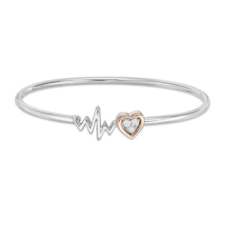 Diamond Accent Heart and Heartbeat Convertible Flex Bangle in Sterling Silver and 10K Rose Gold