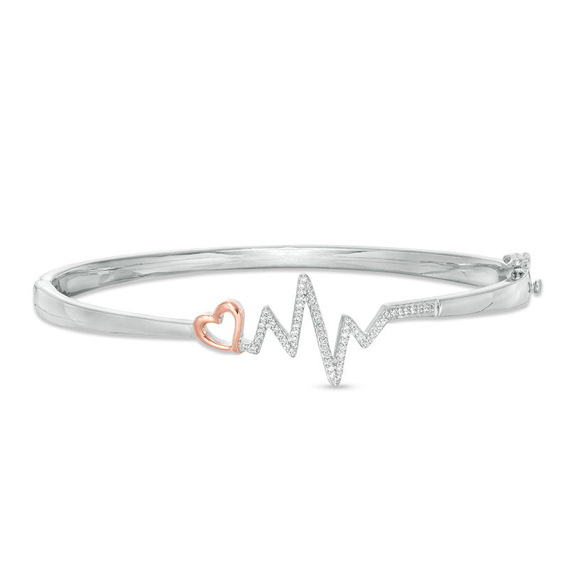 1/5 CT. T.W. Diamond Heart and Heartbeat Bangle in Sterling Silver and 10K Rose Gold