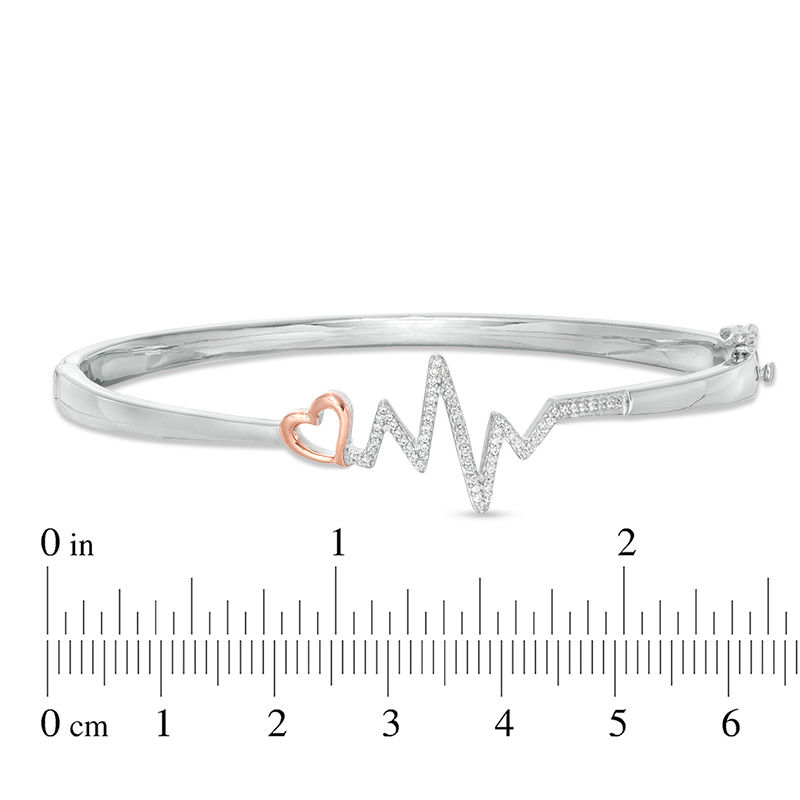 1/5 CT. T.W. Diamond Heart and Heartbeat Bangle in Sterling Silver and 10K Rose Gold