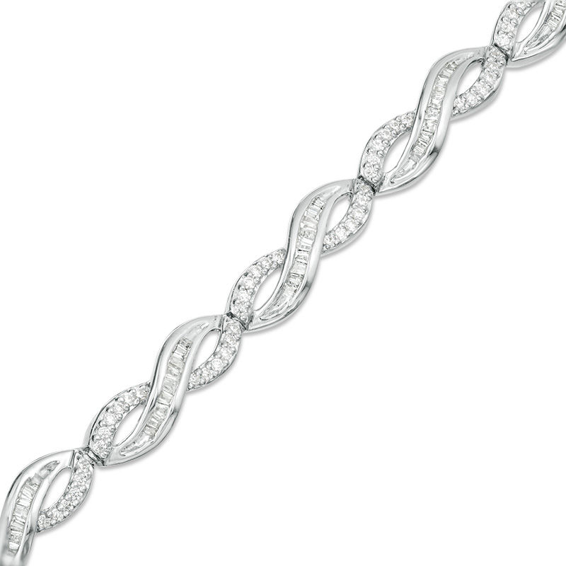 1/2 CT. T.W. Baguette and Round Diamond Infinity Bracelet in Sterling Silver - 7.25"