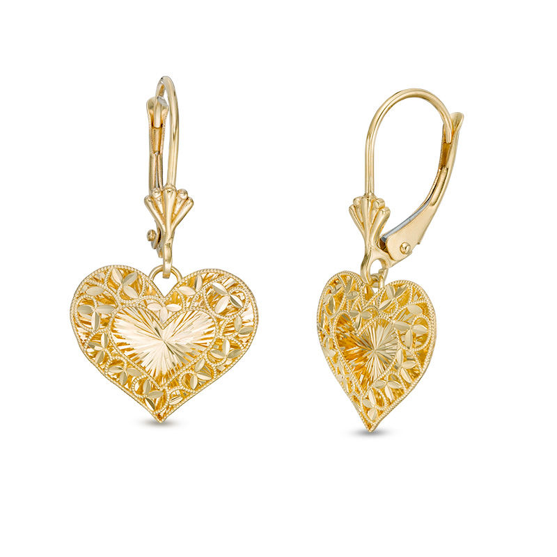 Main Image 1 of Diamond-Cut Filigree Vintage-Style Heart Drop Earrings in 10K Gold
