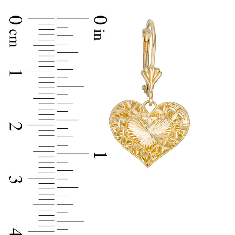 Main Image 2 of Diamond-Cut Filigree Vintage-Style Heart Drop Earrings in 10K Gold