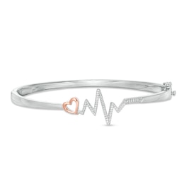 1/5 CT. T.W. Diamond Heart and Heartbeat Bangle in Sterling Silver and 10K Rose Gold