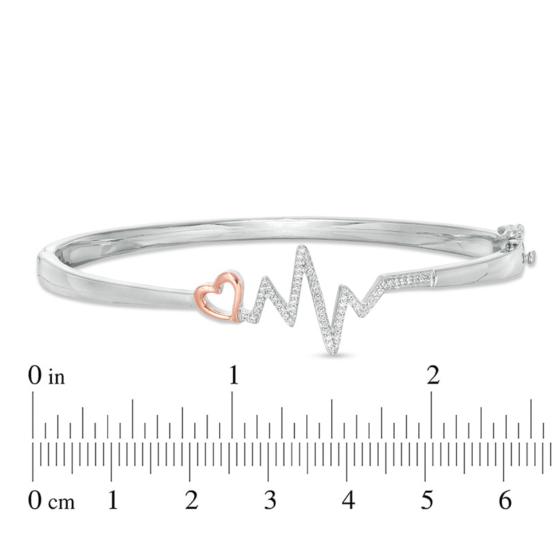 Main Image 3 of 1/5 CT. T.W. Diamond Heart and Heartbeat Bangle in Sterling Silver and 10K Rose Gold