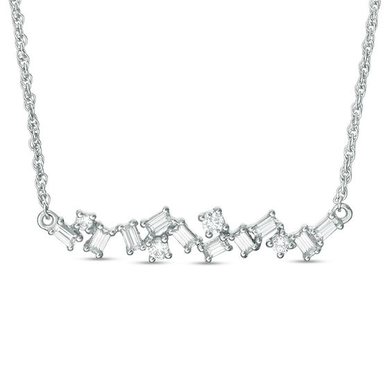 3/8 CT. T.w. Baguette and Round Diamond Scatter Bar Necklace in 10K White Gold