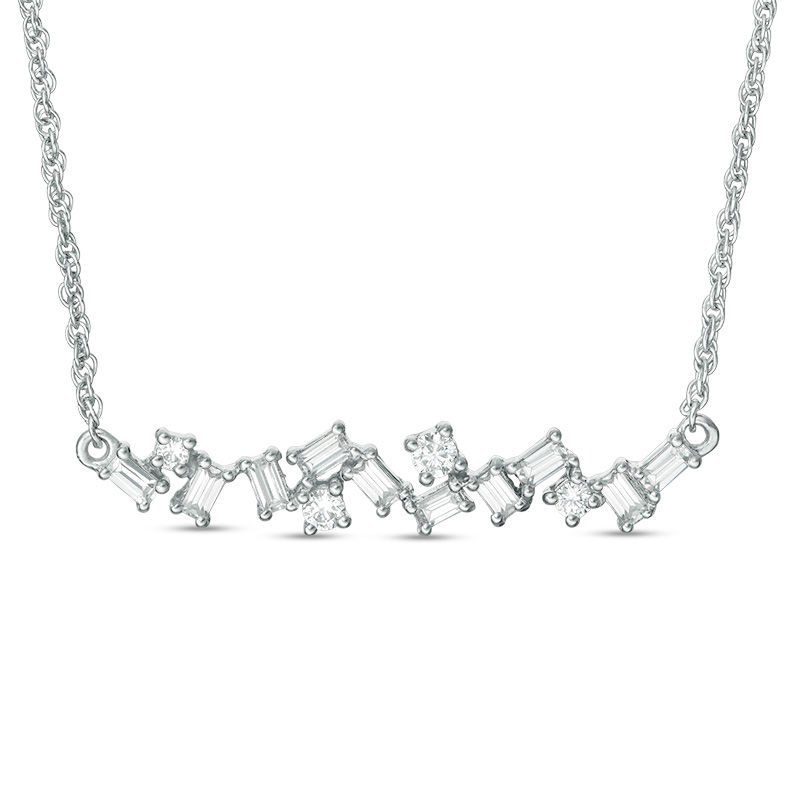 Main Image 1 of 3/8 CT. T.W. Baguette and Round Diamond Scatter Bar Necklace in 10K White Gold