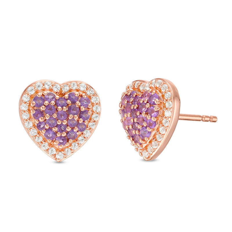 Amethyst and White Topaz Cluster Heart Stud Earrings in Sterling Silver with 14K Rose Gold Plate