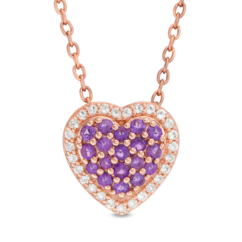 Amethyst and White Topaz Frame Heart Pendant in Sterling Silver with 14K Rose Gold Plate - 21"