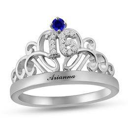 Birthstone and 1/20 CT. T.W. Diamond Engravable "Sweet 16" Crown Ring (1 Stone and Line)