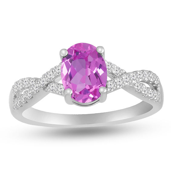 Oval Birthstone and Lab-Created White Sapphire Criss-Cross Split Shank Ring