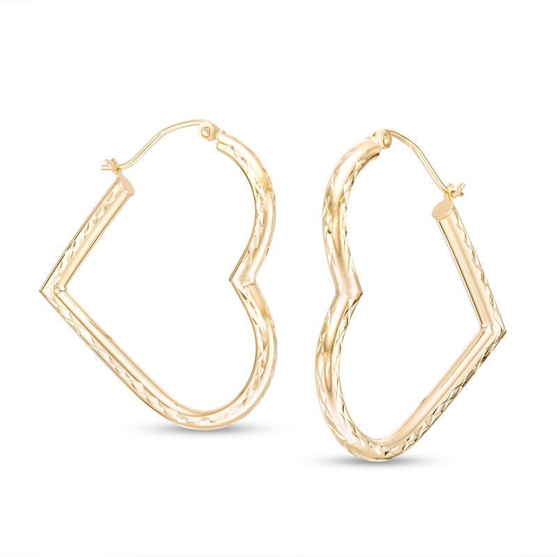 Main Image 1 of Diamond-Cut Faceted Heart-Shaped Hoop Earrings in 10K Gold