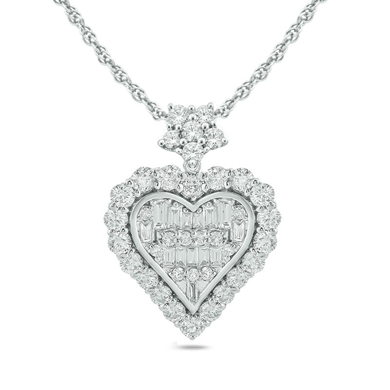 1/2 CT. T.W. Baguette and Round Diamond Frame Heart Pendant in 10K White Gold