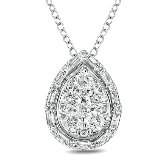 1/2 CT. T.W. Composite Baguette and Round Diamond Pear-Shaped Pendant ...