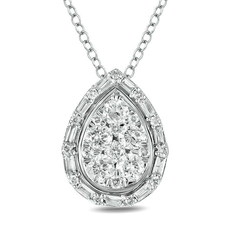 Main Image 1 of 1/2 CT. T.W. Baguette and Round Diamond Pear-Shaped Pendant in 10K White Gold