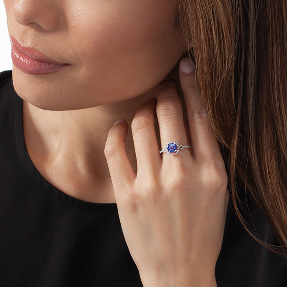 6.0mm Cushion-Cut Tanzanite and 1/6 CT. T.w. Diamond Frame Buckle Ring in 10K White Gold