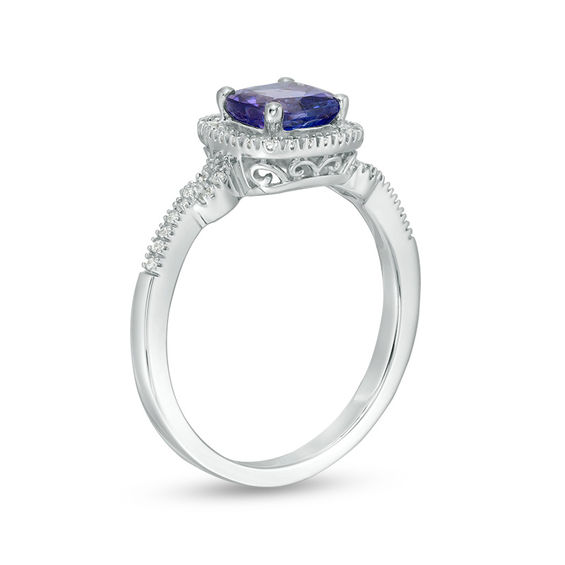 6.0mm Cushion-Cut Tanzanite and 1/6 CT. T.w. Diamond Frame Buckle Ring in 10K White Gold