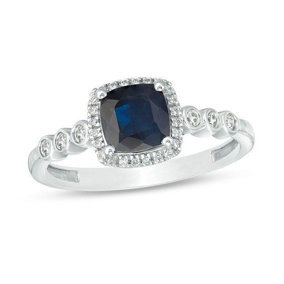 6.0mm Cushion-Cut Blue Sapphire and 1/6 CT. T.W. Diamond Frame Ring in 10K White Gold 6.0mm Cushion-Cut Blue Sapphire and 1/6 CT. T.W. Diamond Frame Ring in 10K White Gold