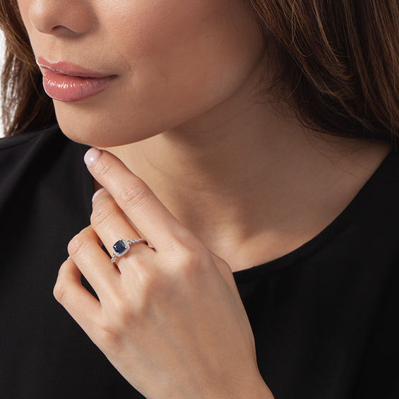 6.0mm Cushion-Cut Blue Sapphire and 1/6 CT. T.W. Diamond Frame Ring in 10K White Gold 6.0mm Cushion-Cut Blue Sapphire and 1/6 CT. T.W. Diamond Frame Ring in 10K White Gold