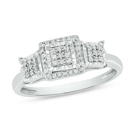 1/6 CT. T.W. Composite Diamond Three Stone Square Frame Promise Ring in Sterling Silver