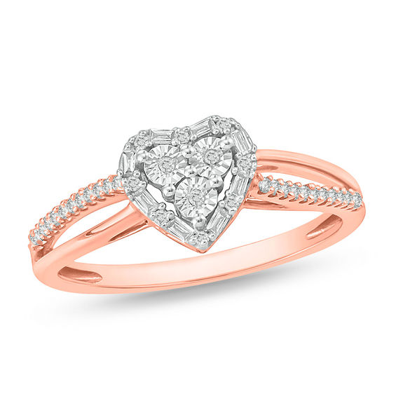 1/6 CT. T.w. Composite Diamond Art Deco Heart Frame Promise Ring in Sterling Silver with 14K Rose Gold Plate