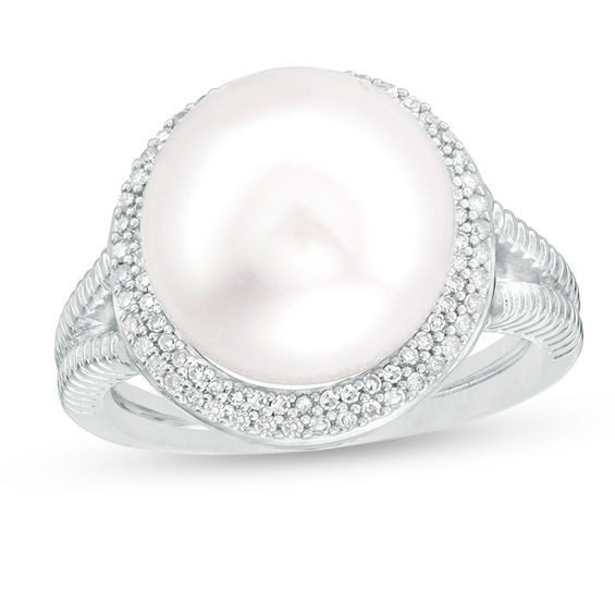 Button Cultured Freshwater Pearl and 1/5 CT. T.W. Diamond Frame Ribbed Shank Ring in Sterling Silver - Size 6 Button Cultured Freshwater Pearl and 1/5 CT. T.W. Diamond Frame Ribbed Shank Ring in Sterling Silver - Size 6