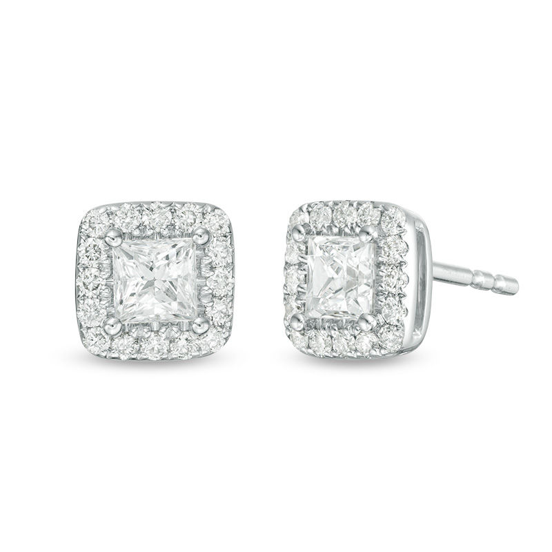 1 CT. T.W. Certified Princess-Cut Diamond Frame Stud Earrings in 14K ...