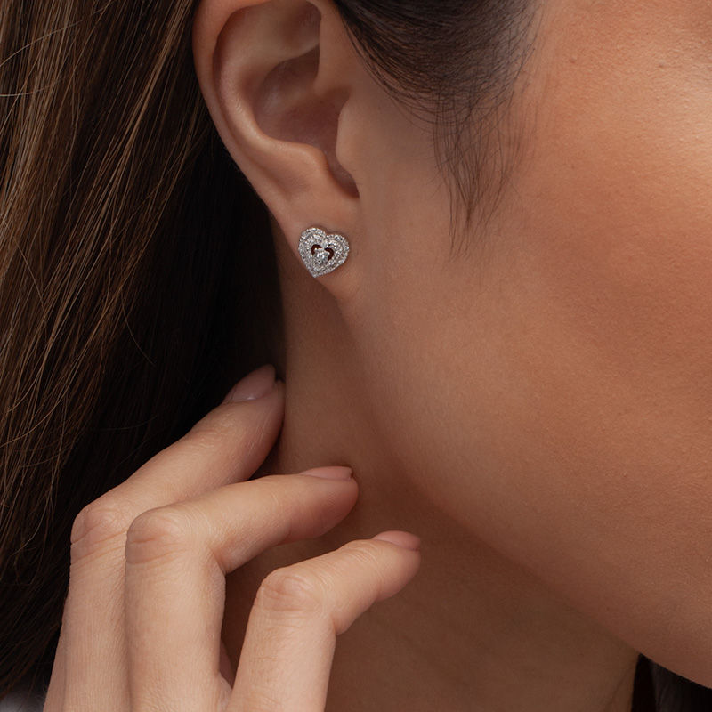 Main Image 2 of 1/10 CT. T.W. Diamond Double Heart Frame Stud Earrings in Sterling Silver