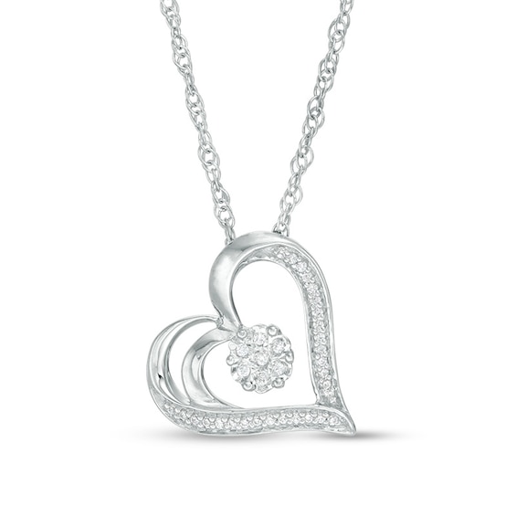 1/15 CT. T.w. Diamond Flower and Heart Outline Pendant in 10K White Gold
