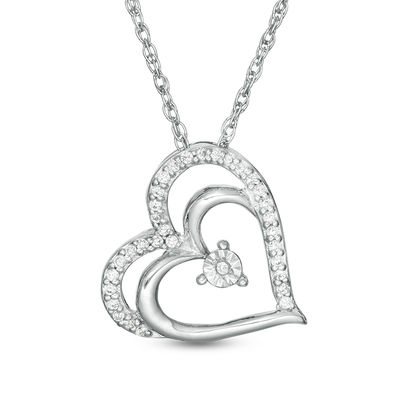 1 10 Ct T W Diamond Tilted Double Heart Pendant In 10k White Gold Zales - White Gold Double Heart Diamond Pendant