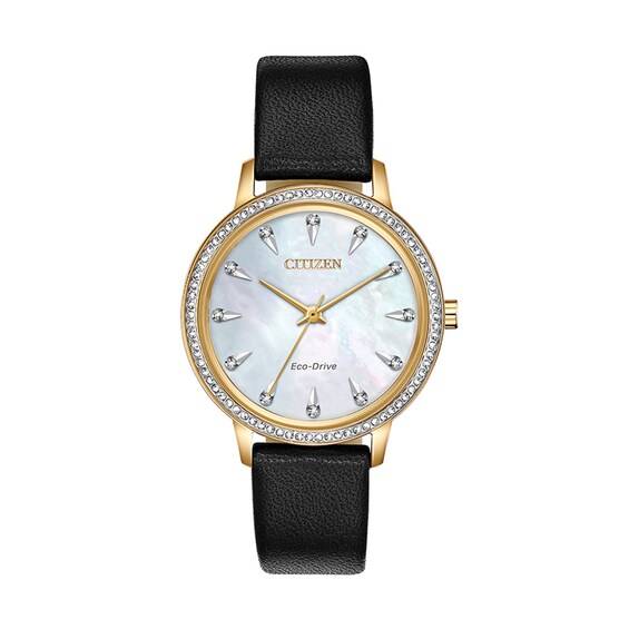 Ladies' Citizen Eco-DriveÂ® Crystal Accent Gold-Tone IP Strap Watch with Mother-of-Pearl Dial (Model: Fe7042-07D)
