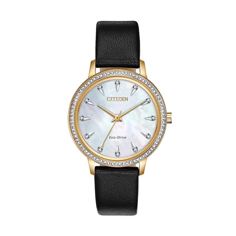Main Image 1 of Ladies' Citizen Eco-Drive® Crystal Accent Gold-Tone IP Strap Watch with Mother-of-Pearl Dial (Model: FE7042-07D)