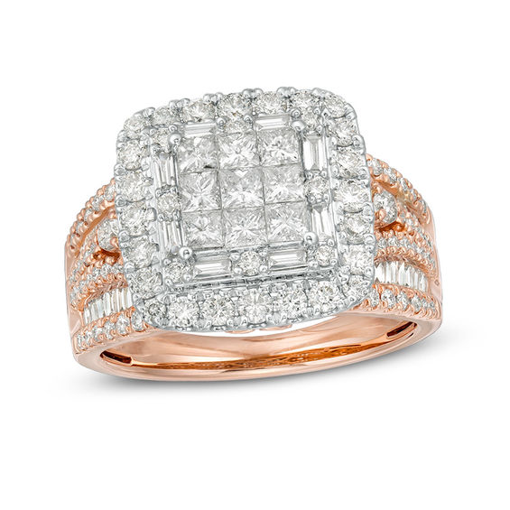 2 CT. T.w. Princess-Cut and Baguette Diamond Frame Multi-Row Engagement Ring in 14K Two-Toned Gold