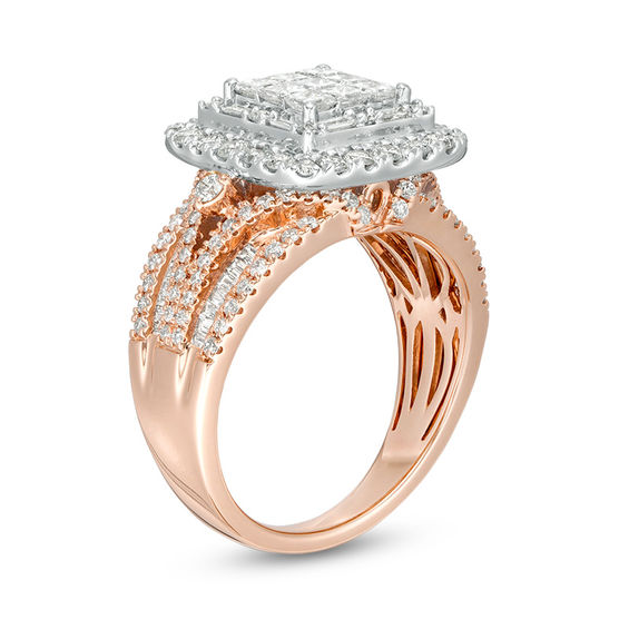 2 CT. T.w. Princess-Cut and Baguette Diamond Frame Multi-Row Engagement Ring in 14K Two-Toned Gold