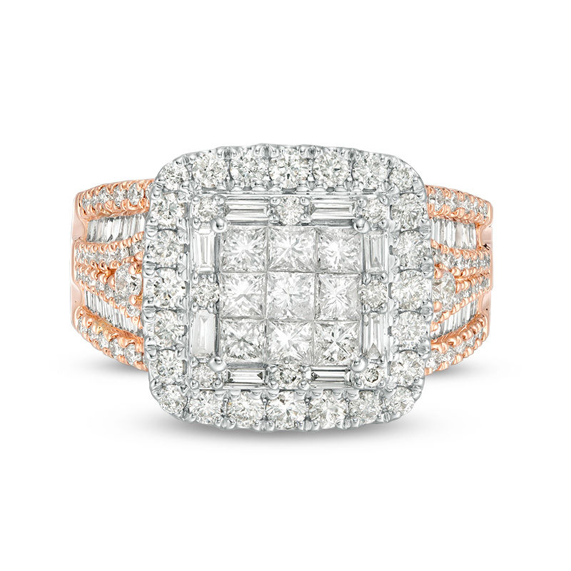 2 CT. T.W. Princess-Cut and Baguette Diamond Frame Multi-Row Engagement Ring in 14K Two-Toned Gold