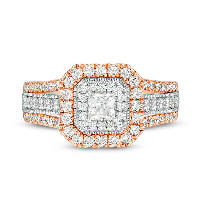 Main Image 4 of 1 CT. T.W. Princess-Cut and Round Diamond Double Octagon Frame Engagement Ring in 14K Two-Tone Gold