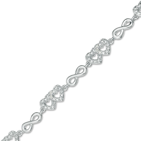 1/10 CT. T.w. Diamond Alternating Double Heart and Infinity Bracelet in Sterling Silver - 7.25"