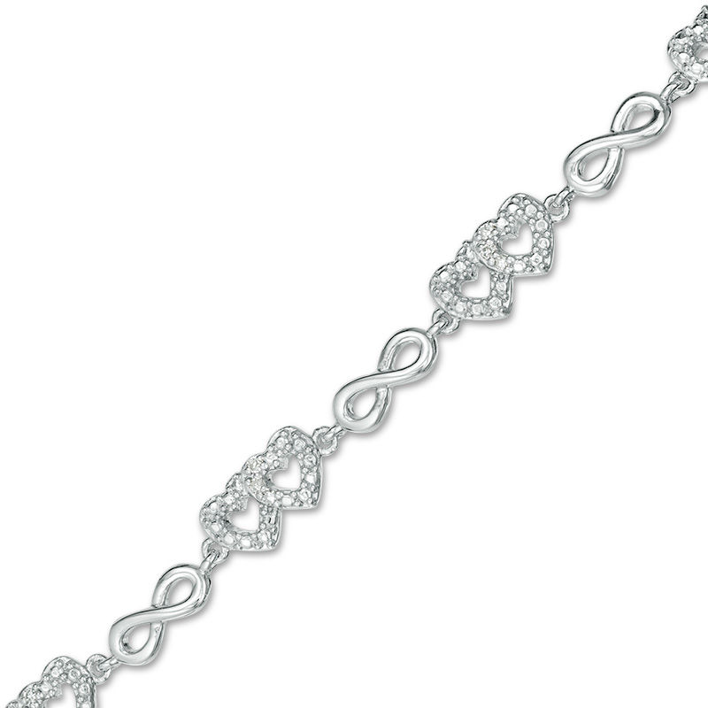 1/10 CT. T.W. Diamond Alternating Double Heart and Infinity Bracelet in Sterling Silver - 7.25"