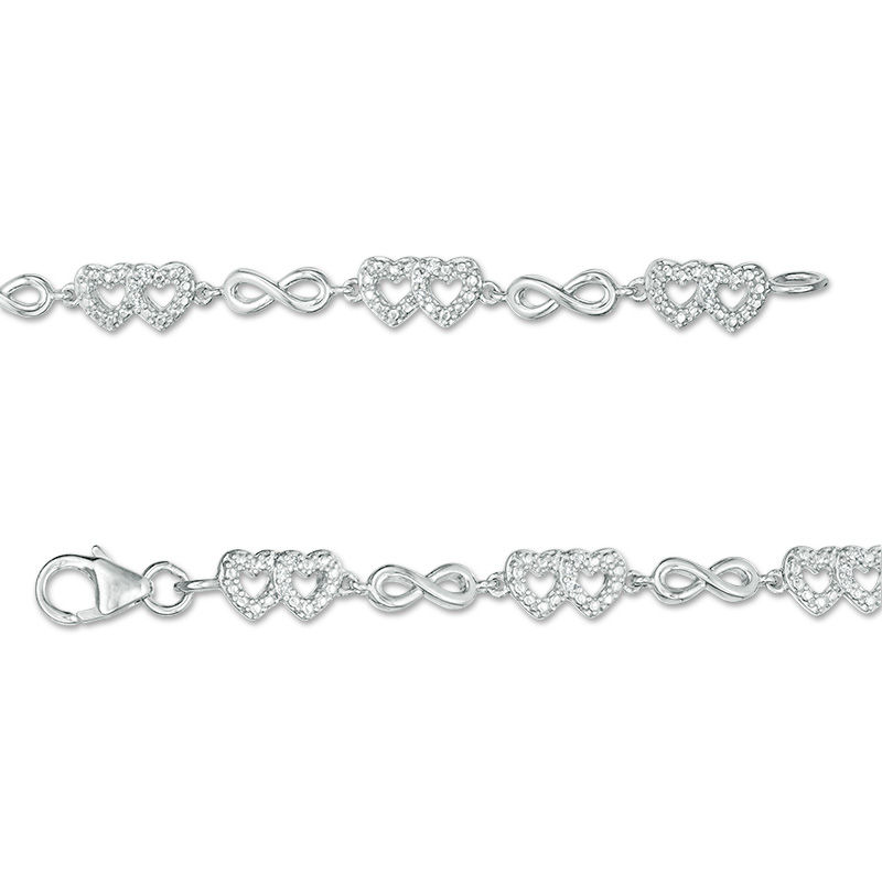 1/10 CT. T.W. Diamond Alternating Double Heart and Infinity Bracelet in Sterling Silver - 7.25"