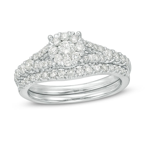 1 CT. T.w. Diamond Frame Vintage-Style Bridal Set in 14K White Gold