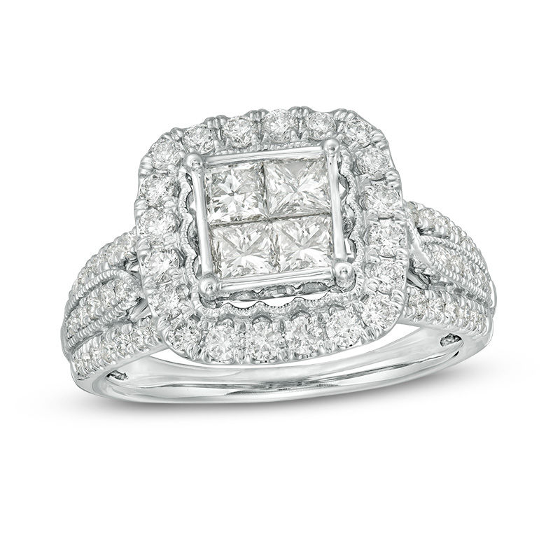 1-1/2 CT. T.W. Quad Princess-Cut Diamond Frame Vintage-Style Engagement Ring in 14K White Gold