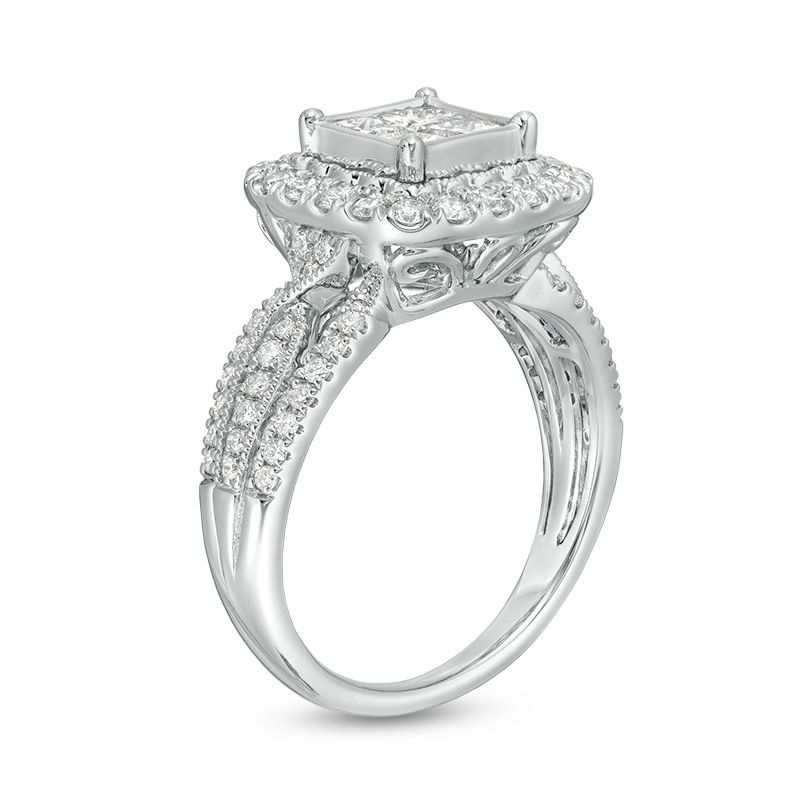 1-1/2 CT. T.W. Quad Princess-Cut Diamond Frame Vintage-Style Engagement Ring in 14K White Gold
