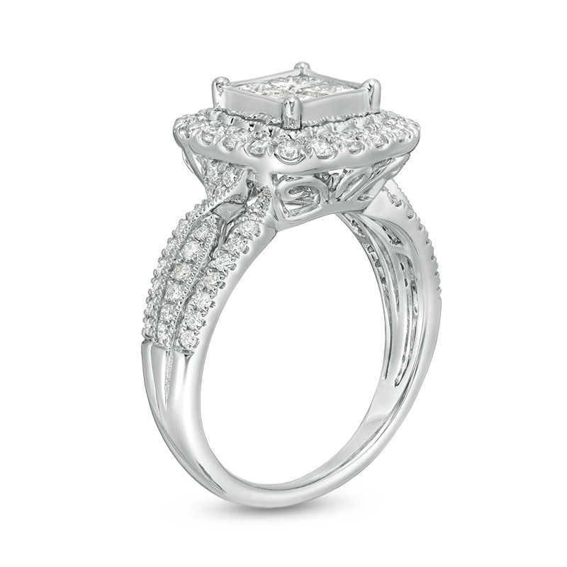 Main Image 3 of 1-1/2 CT. T.W. Quad Princess-Cut Diamond Frame Vintage-Style Engagement Ring in 14K White Gold