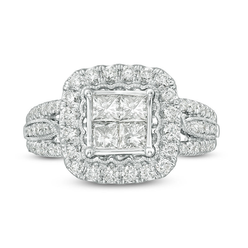 1-1/2 CT. T.W. Quad Princess-Cut Diamond Frame Vintage-Style Engagement Ring in 14K White Gold