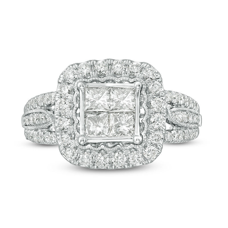 Main Image 4 of 1-1/2 CT. T.W. Quad Princess-Cut Diamond Frame Vintage-Style Engagement Ring in 14K White Gold