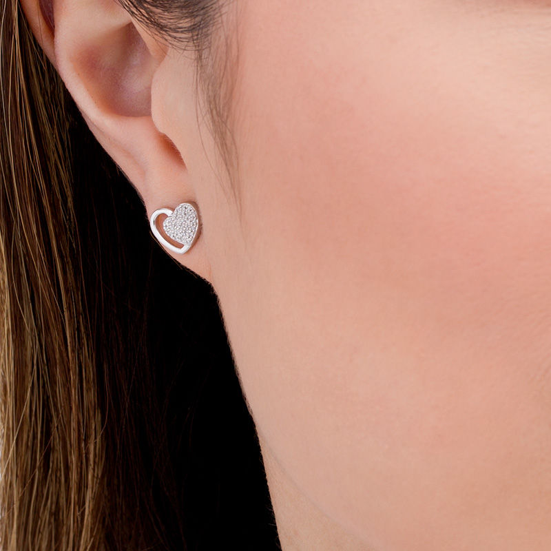 Main Image 2 of 1/6 CT. T.W. Composite Diamond Double Heart Stud Earrings in Sterling Silver
