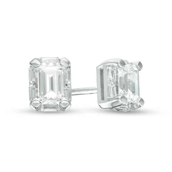 Details about / 14K White Gold 7.00 X 5 MM Emerald-Cut Blue Topaz Stud Earrings MSRP $337