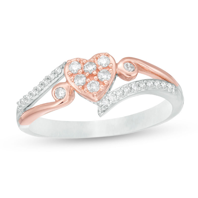 Main Image 1 of 1/5 CT. T.W. Composite Diamond Heart Bypass Ring in Sterling Silver and 10K Rose Gold